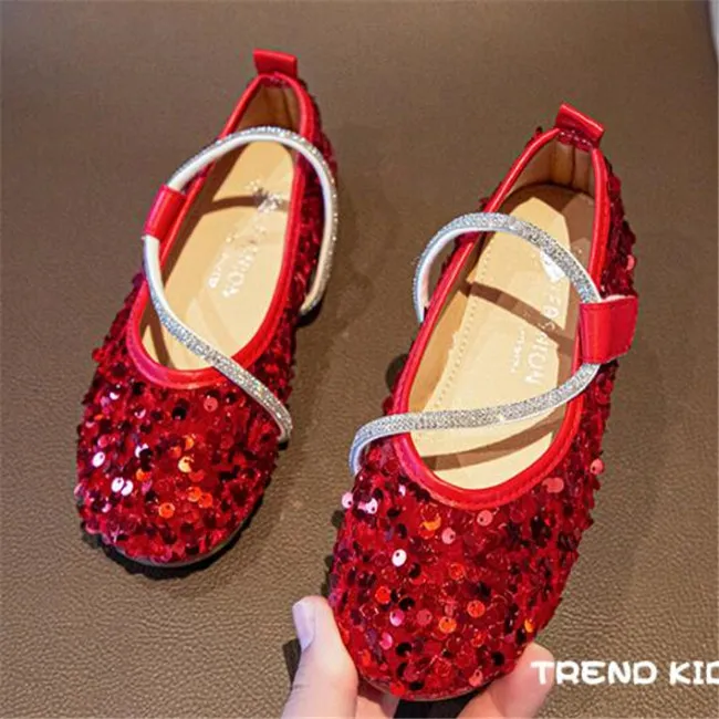 2022 Kids Casual Sneakers Mode Bling Sequin Wedding Party Princess Schoenen Kinderen Lederen Schoenen Meisjes Platte Schoenen Dansschoen