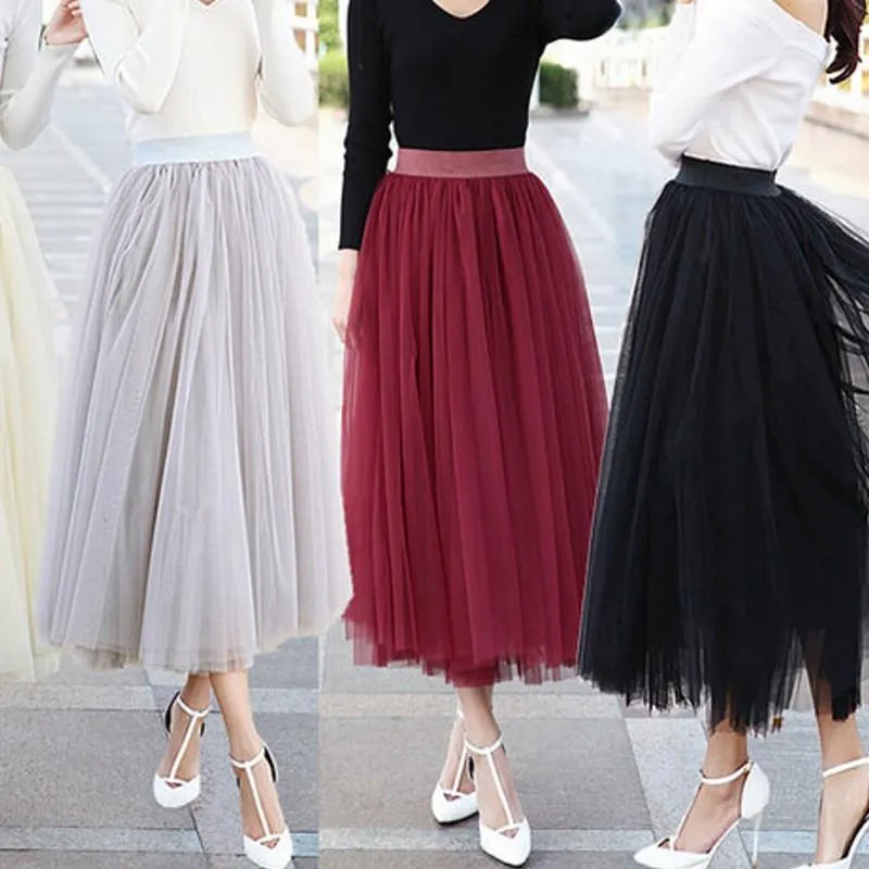 Skirts Modest Ankle Length Skirt Soft Tulle Waist Band 3-4 Cm Black Silver Dare Red Or Beige Color Long For WomenSkirts