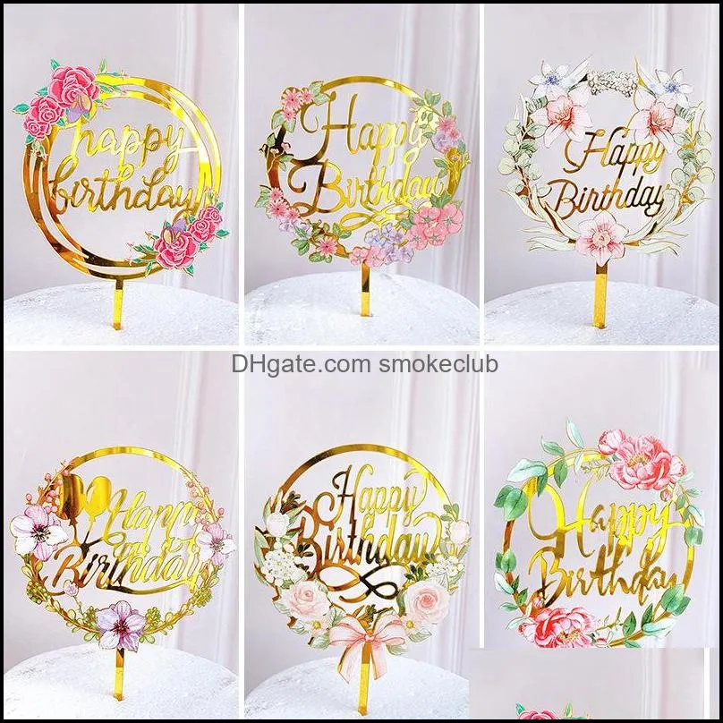 New Home Colored flowers Happy Birthday Cake Topper Golden Acrylic Birthday party Dessert decoration for Baby shower Baking supplies 516