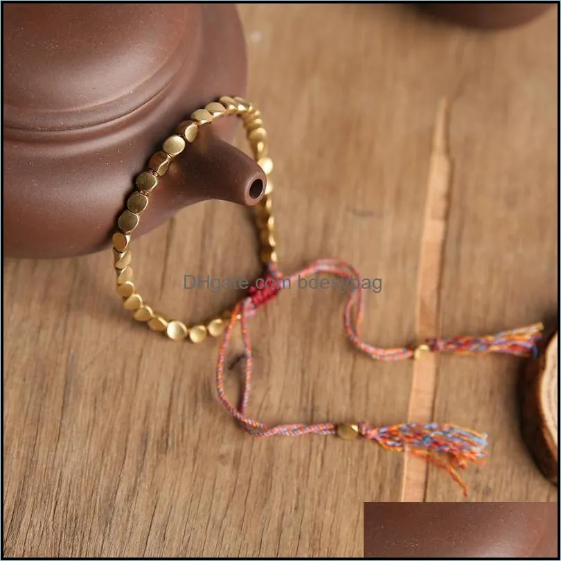 Beaded Strands Bracelets Jewelry Beaded Handmade Tibetan Buddhist Braided Cotton Copper Beads Lucky Rope Bracelet Bangles T Dh13V