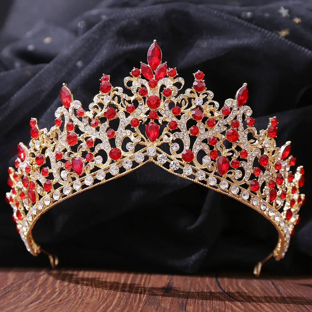 Tiaras de cristal vermelho, acessórios de casamento, coroas barrocas, contas de prata, tiaras de noiva, strass, peças de cabeça para coroa quinceanera