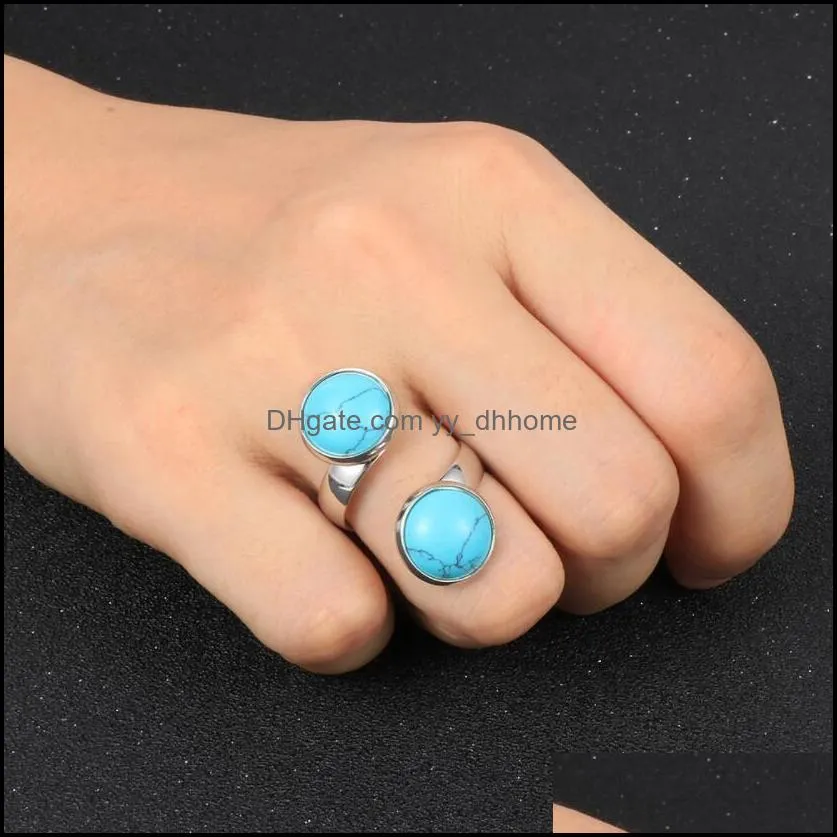 Natural Gem Stone Rings For Women Round Turquoises Pink quartz amethyst Crystal Tiger Eye opal Adjustable Open Finger Ring