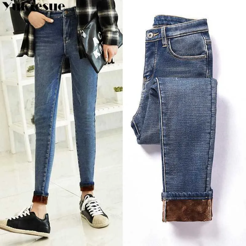 Band winter dikke fleece jeans voor vrouwen strekken warme mager denim fluwelen potlood vrouwelijk broek 210608