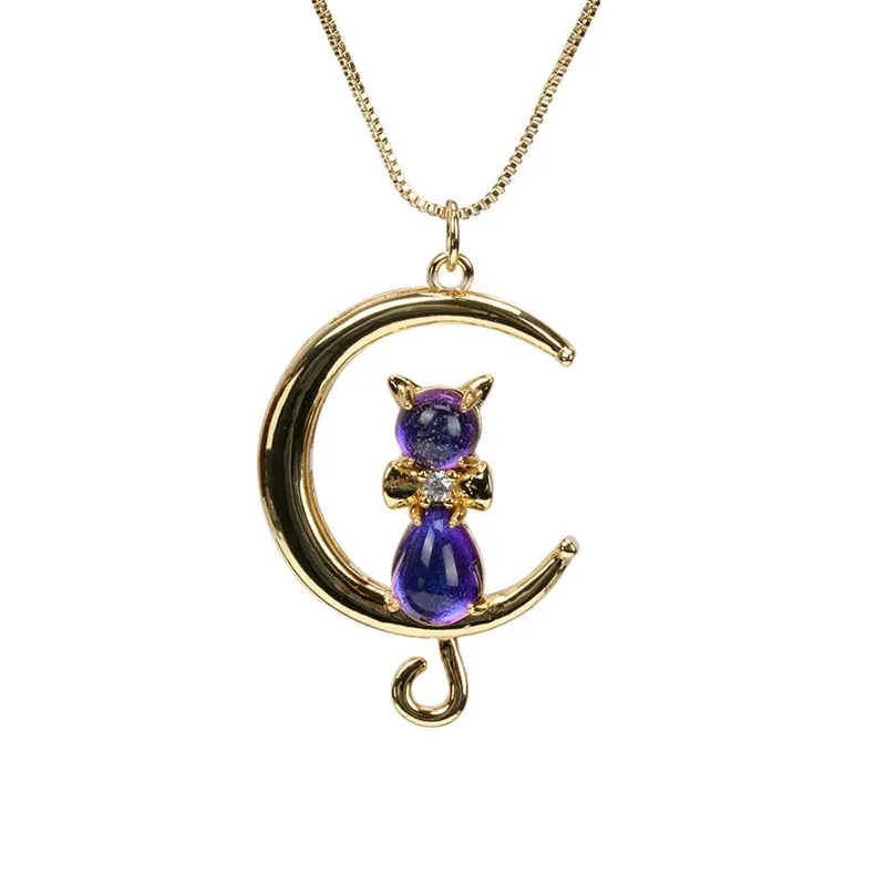 Crystal Cat Moon Pendant Necklace With Diamond For Women Jewelry Party Friends Gifts