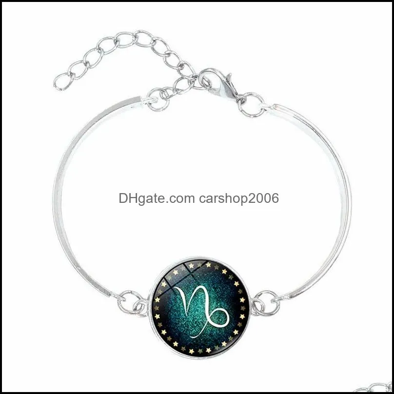 Fashion Time Gem Cabochon Twelve Constellations Zodiac Bracelet Silver Plated 12 Zodiac Bracelet Bangle Women Men Jewelry