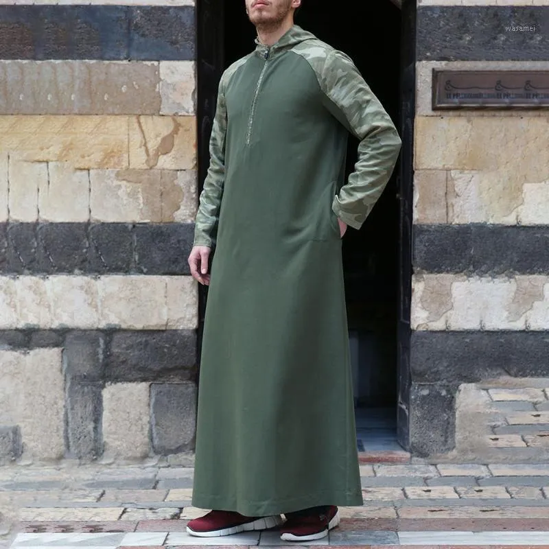 Casual shirts voor heren moslim shirt mannen kleding mode camouflage bedrukt patchwork vintage lange mouwen met capuchon Arabische kaftan abaya djellaba