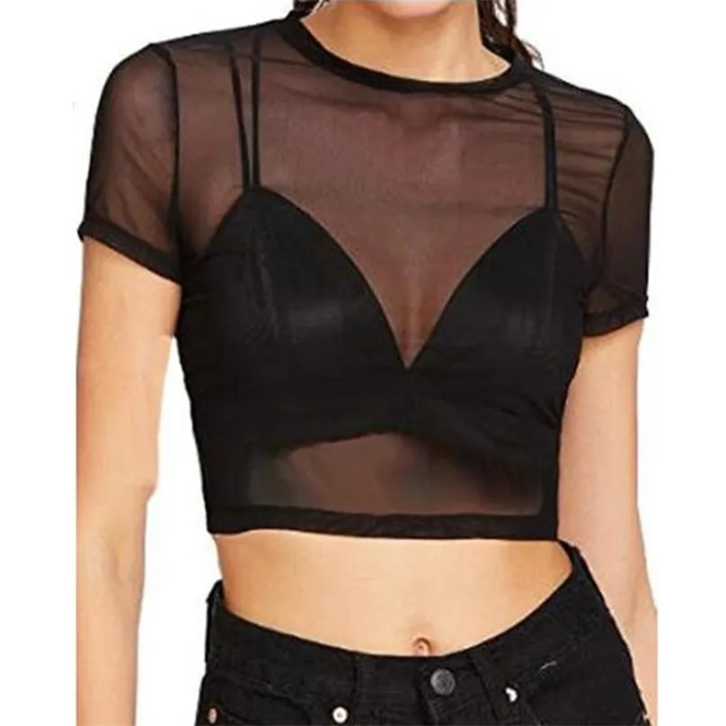 セクシーな黒人女性半袖メッシュトップTシャツストリートウェアティースリムシースルー透明なクロップトップクラブウェアファッション220518