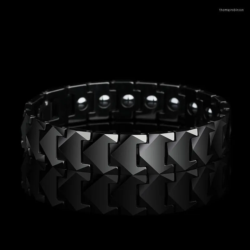 12mm Larghezza Mens Gioielli Tungsteno Link Bracciali Per Uomo Intarsio Lucido Pietre Magnetiche Colori Argento/Nero Lunghezza 20.5/22 Catena a maglie