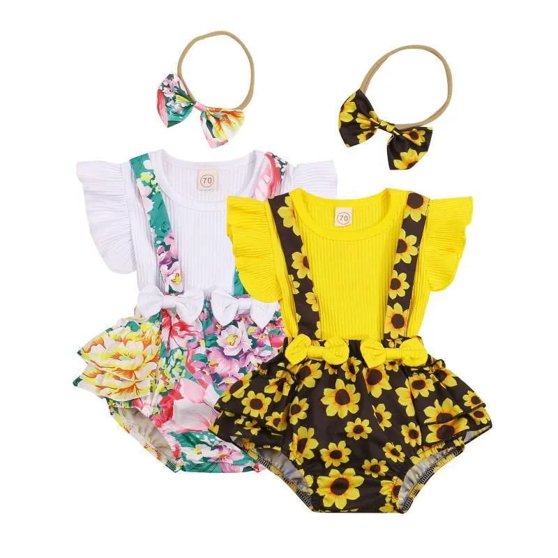 衣類セット3PCS幼児の女の女の子夏の服コットンショートスリーブトップ花柄のプリントビブショートパンツヘッドバンド衣装0-18m