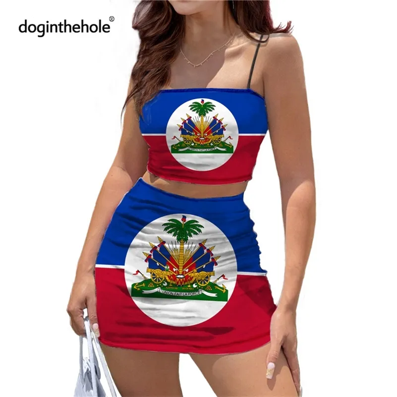 Stylish Haiti Flag Set Women's Short Dress and Top Sexy Halter Top Bodycon Skirt Suit For Club Casual Summer Women Clothing Set 220705