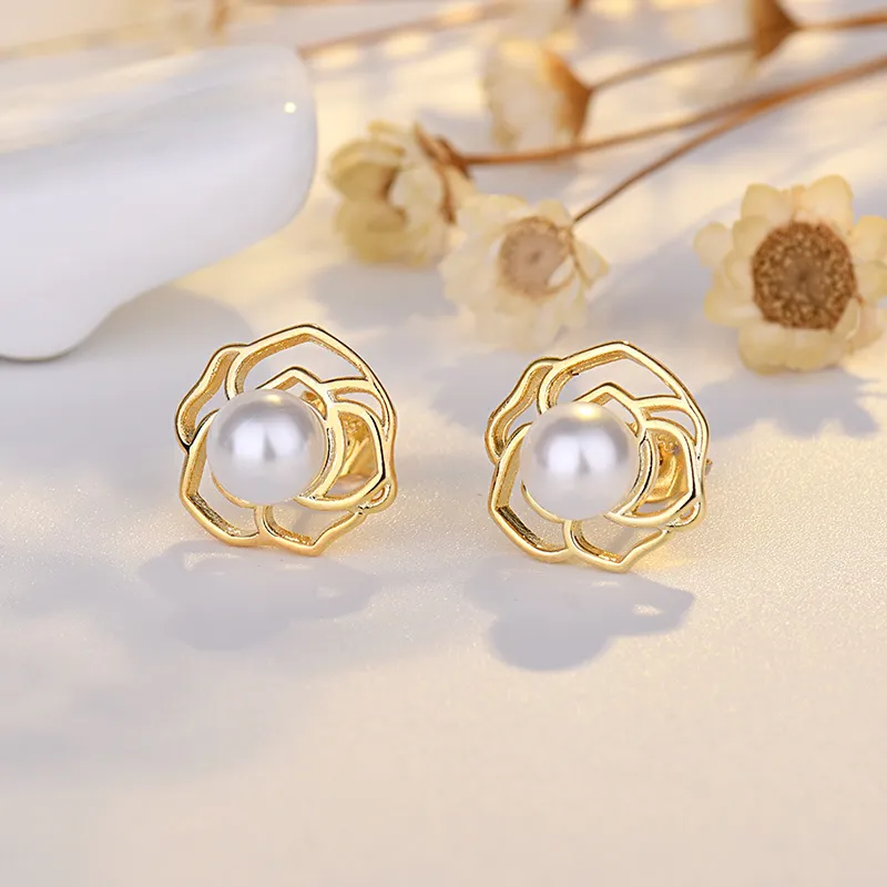 OL OL Luxury Pearl Designer Stud arocrings for Girls Sweet Rose Flower 925 Silver Needle Ear Rings Elring Elrings Opring Jewelry