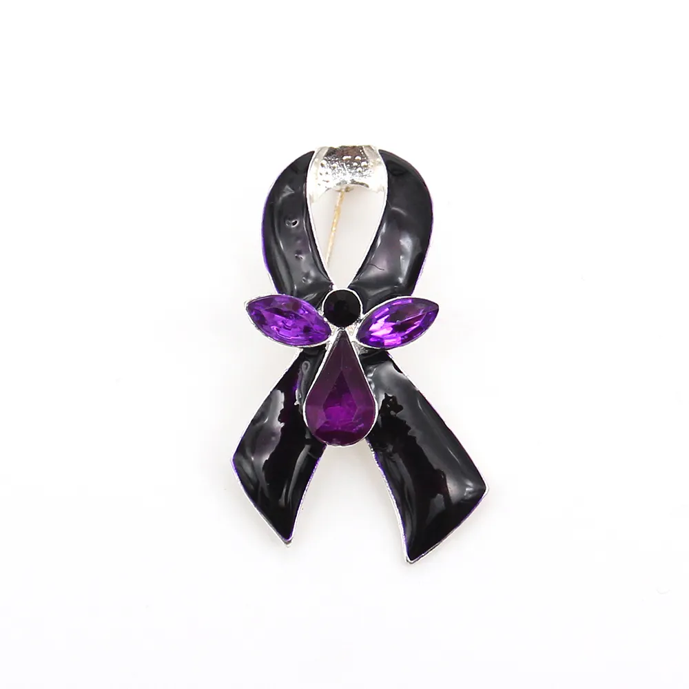 10 datorer/Lot Purple Emamel Rhinestone Brosches Ribbon Form Bröstcancermedvetenhet Medicinska stift för dekoration