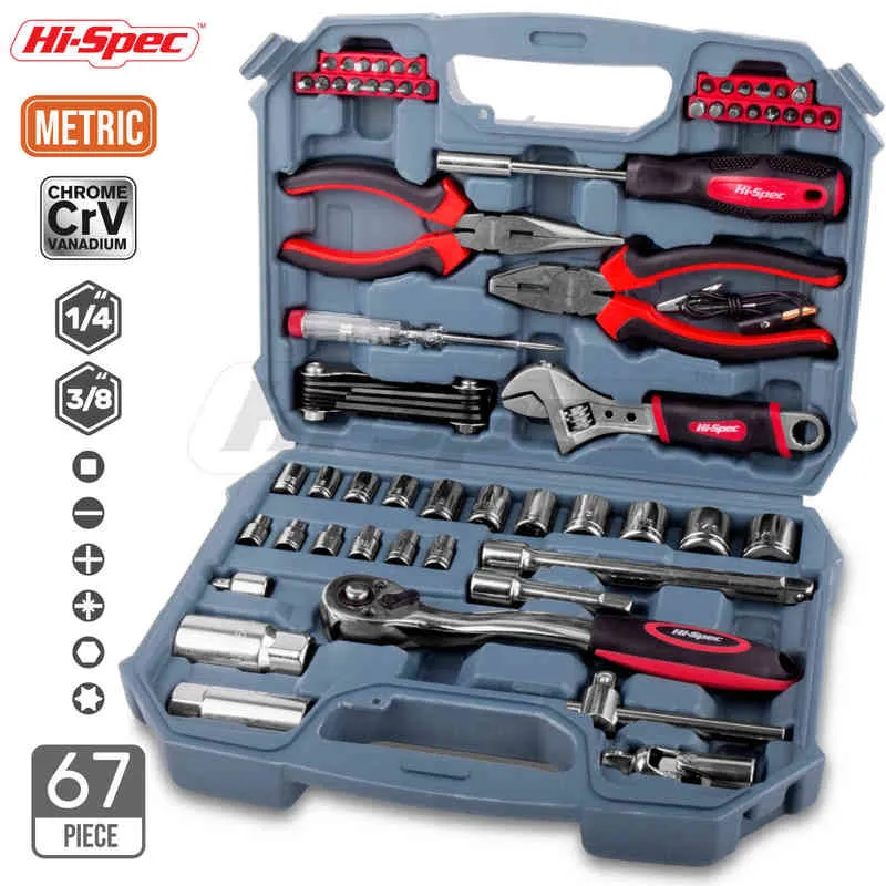 Hi-spec 67pc auto reparatie gereedschapskit set 1/4 3/8 auto mechanisch gereedschap metrisch diy handgereedschap Socket schroevendraaier set plier in doos H220510