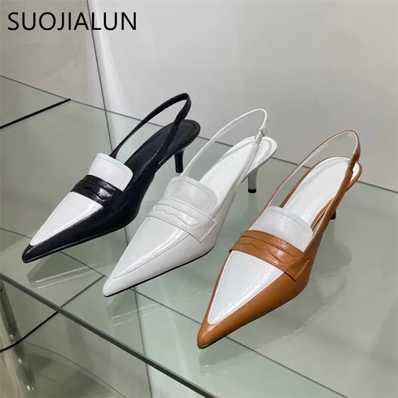 Suojialun Spring Brand Woman Slingback Shoes Fashion Mix Color Ladies Elegant Med Heel Pointed Toe Slip on Sandal Mule Shoe 220516