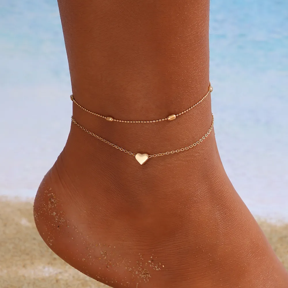 Kvinnor Bohemian Anklet Bead Beach Dubbelskikt Pendant Anklet Foot Armband Kedjamodsmycken