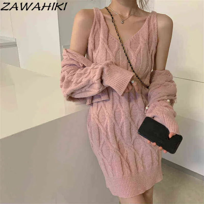 ZAWAHIKI Twisted Temperament V Neck Sleeveless Sweater Dress Autumn Winter New Loose Short Knit Cardigan Solid Two-piece Suit T220729