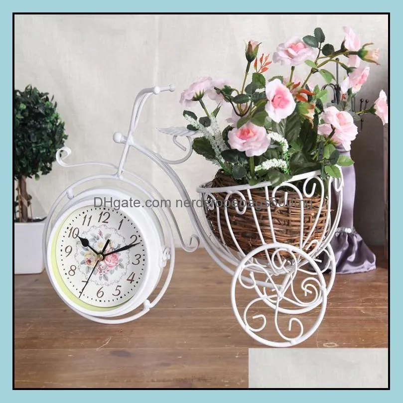 Desktop Clock Iron Bicycle Flower Basket Double-sided Craft Decoration Pendulum Desk & Table Clocks