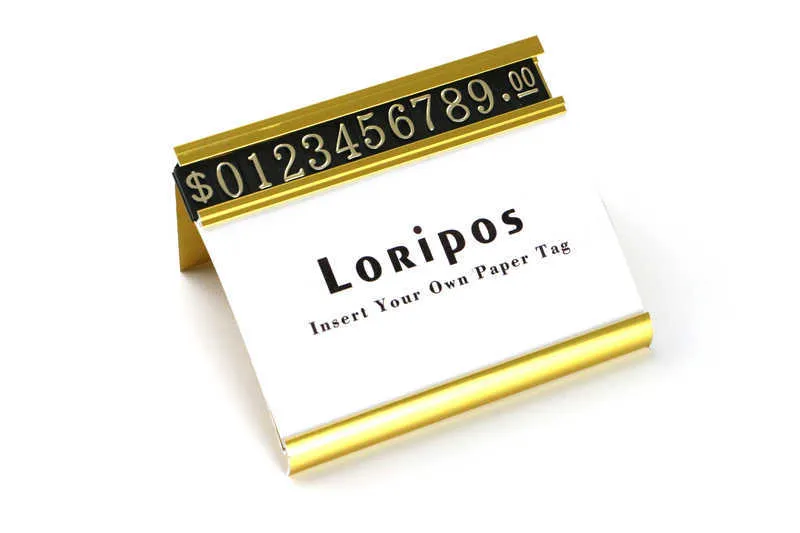 Guldmetall etiketthållare stativ skrivbord tecken ram pris tagg namn kort display rack smycken klocka pris nummer kuber hylla talare