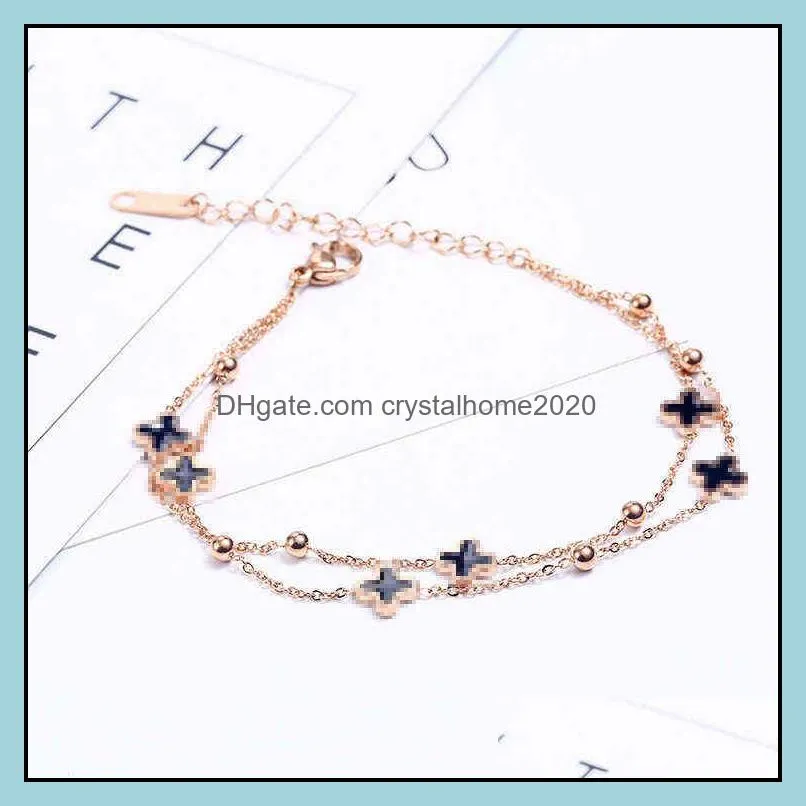 korean version of 18k rose gold four-leaf clover bracelet for girls black epoxy titanium steel jewelry