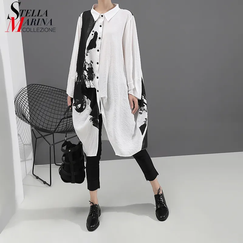 Корейский стиль женщина с длинным рукавом белый печатный платье рубашки Плюс Плюс размер прямой леди повседневное миди -платье Свободное халат Femme 5459 210303