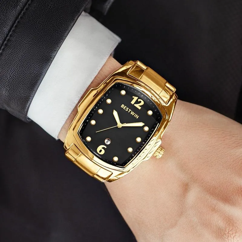 ساعة Wristwatches أزياء الساعات الرجال الذهب الذهب Quartz Wristwatch الفولاذ المقاوم للصدأ الفرقة