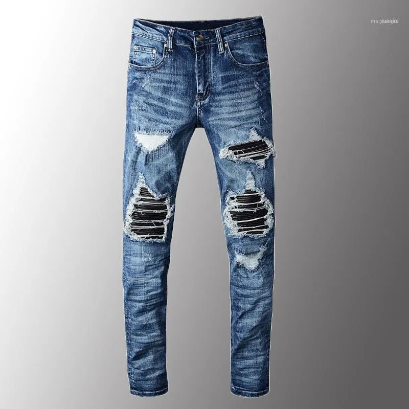 Man mannen jeans luxe heren pu lederen patchwork ripped biker patch slanke skinny stretch denim broek plus size 28-40