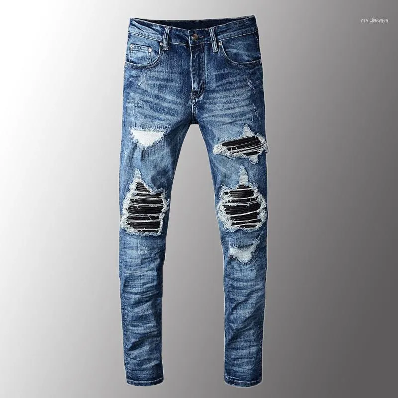 Man män jeans lyx män pu läder patchwork rippad biker patch slim skinny stretch denim byxor plus storlek 28-40