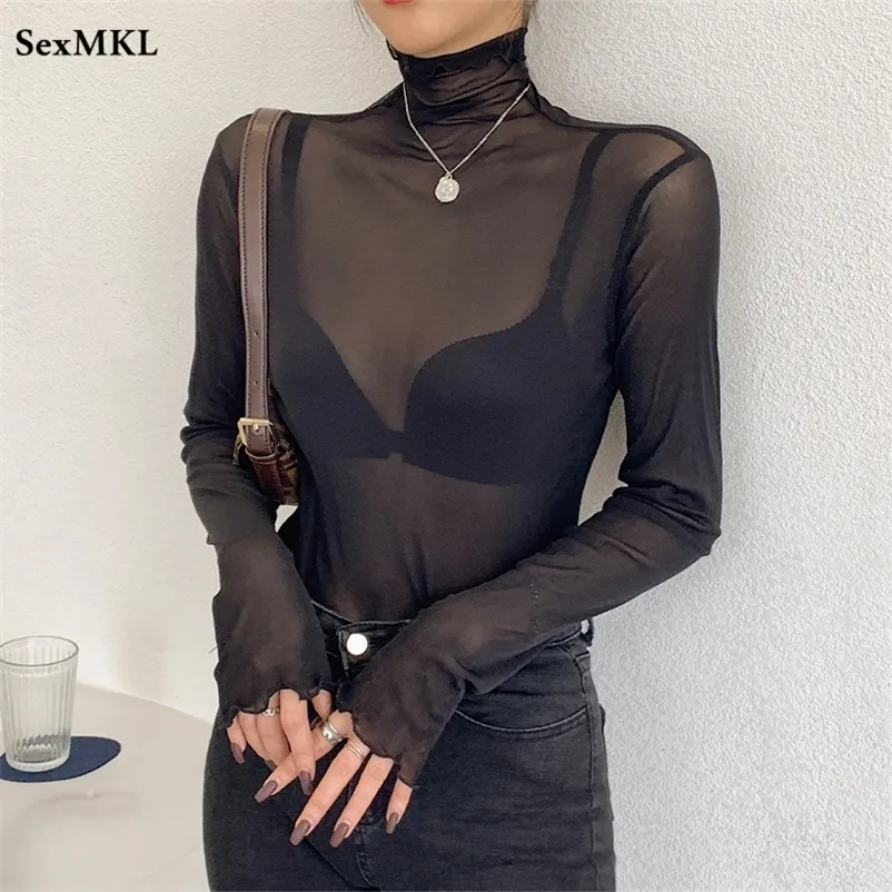 Sexy Transparent femmes hauts noirs mode à manches longues blanc été Blouses col roulé français Streetwear voir à travers Blouse 220516