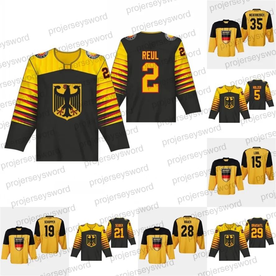 Mit Germany 2019 IIHF World Championship Yellow Hockey Jersey Denis Reul Korbinian Holzer Moritz Seider Leon Draisaitl Marco Nowak Stefan Loibl