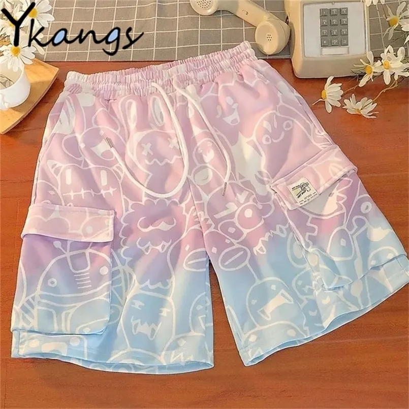 Frauen Cartoon Print Casual Kawaii Kordelzug Elastische Hohe Taille Sweat-Shorts Harajuku Ästhetische Koreanische Biker Shorts Sommer 220419