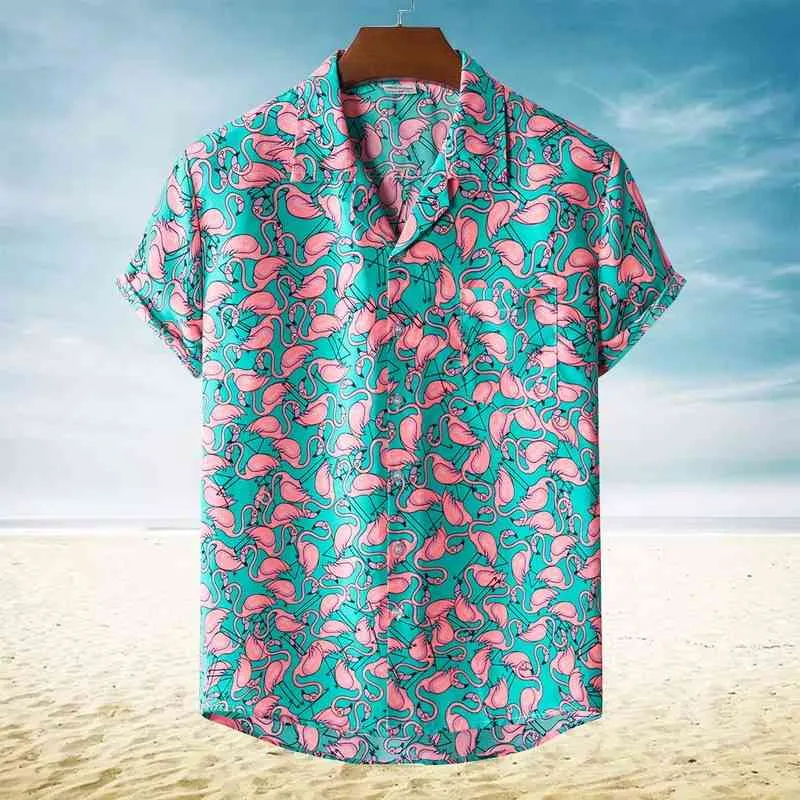 세련된 플라밍고 인쇄 하와이 알로하 셔츠 남성 여름 새로운 짧은 Sve 비치 셔츠 남성 휴일 파티 휴가 의류