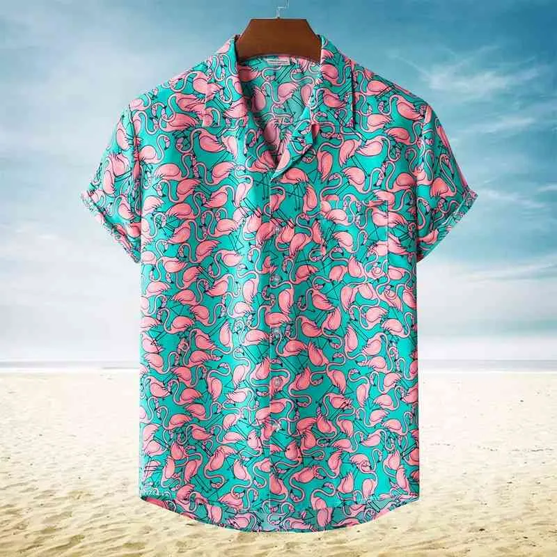 Elegante camicia aloha hawaiana con stampa di fenicotteri da uomo estate nuove camicie da spiaggia Sve corte abbigliamento da vacanza per feste da uomo