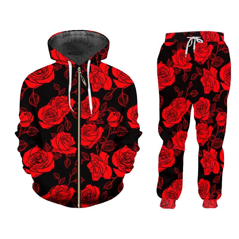 Herrspåriga 3D-män sätter byxor med tröjor 2-PCS kostym Hip Hop Red Flowers Print Floral Streetwear Drop Overizemen's