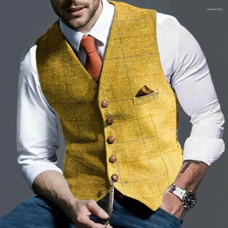 Men's Vests Suit Vest Yellow Plaid Tweed V Neck Single Breasted Grey Slim Fit Business Waistcoat For Groom Costumes Men Clothing 2022 Kare22