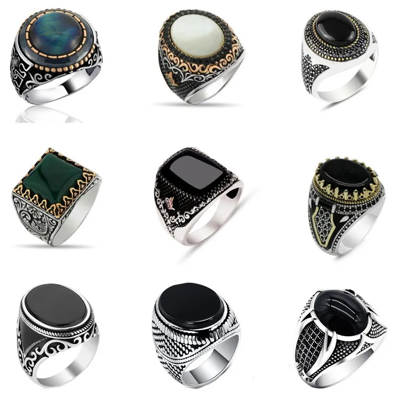 30 Styles Vintage Handmade Turkish Signet Ring For Men Women Ancient Silver Color Black Onyx Stone Punk Rings Religious Jewelry 220719