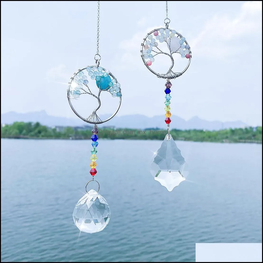 Colorful Tree of Life 7 Chakra Crystal Ball Window Hanging Pendant Chandelier Wedding Decor Christmas Prism Ornaments