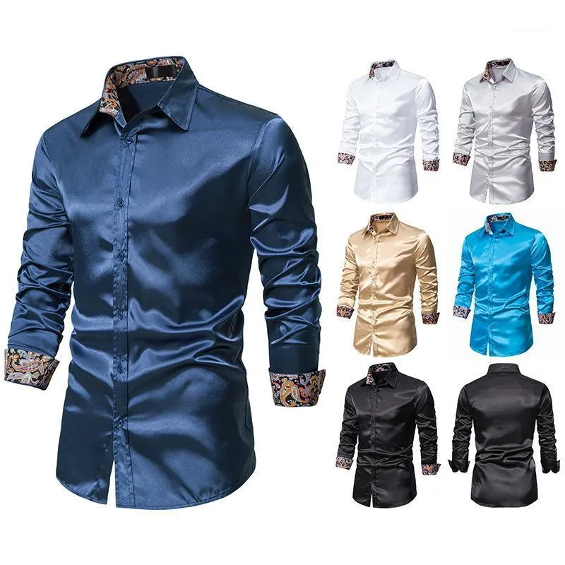 Chemises décontractées pour hommes LUCLESAM 2022 hommes mode Satin brillant soie robe chemise hommes Paisley poignets bouton à manches longues Camisas Para Hombre