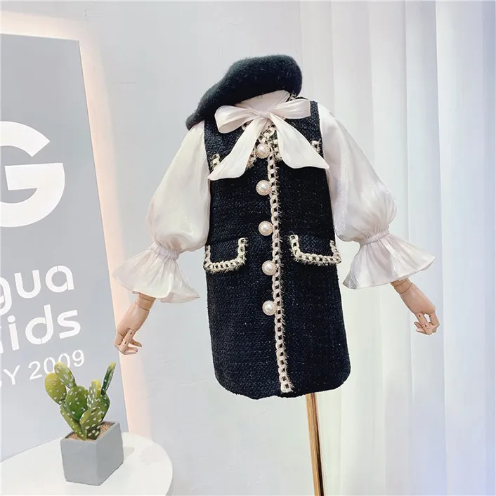 Robe de princesse à manches longues pour filles, tenue en Tweed avec nœud, nouvelle collection printemps 2022