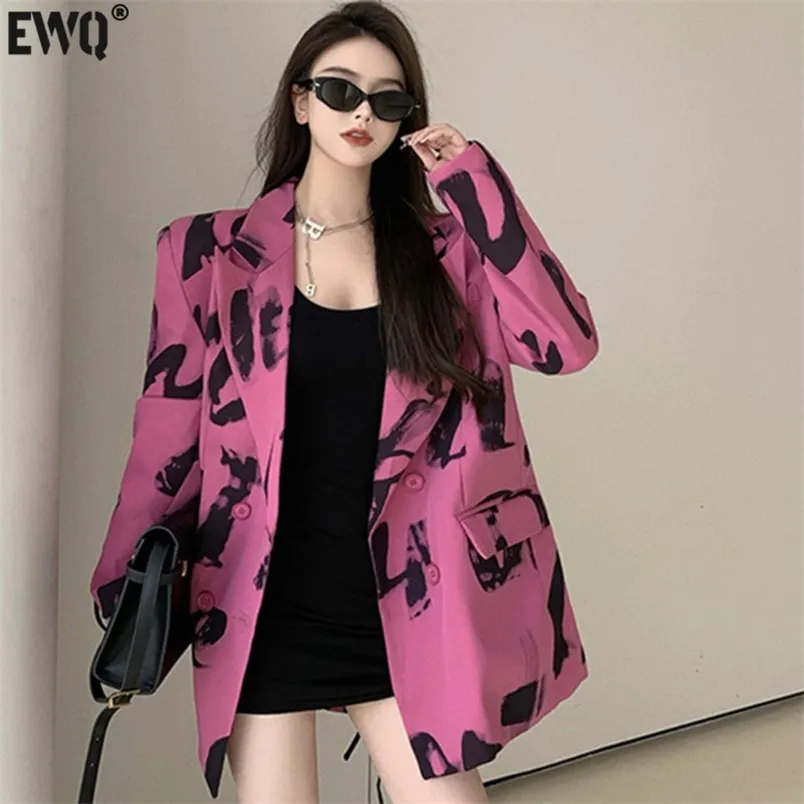 [EWQ] Korea Chic Temperament Rose Red Blazer Women Autumn Notched Loose Double Breasted Split Long Sleeve Suit Jacket 220402