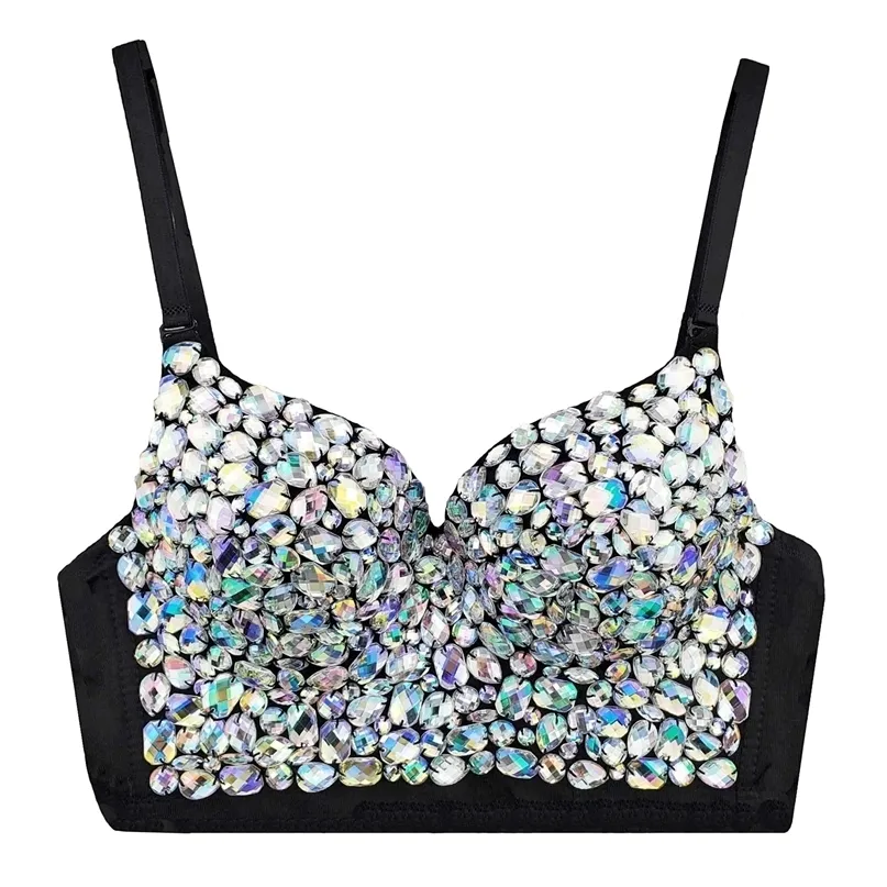 Brillant Débardeur avec Strass Femmes Coloré Recadrée Bustier Festival Vêtements Vintage Femme Y2k Gothique Corset Crop Tops 220514