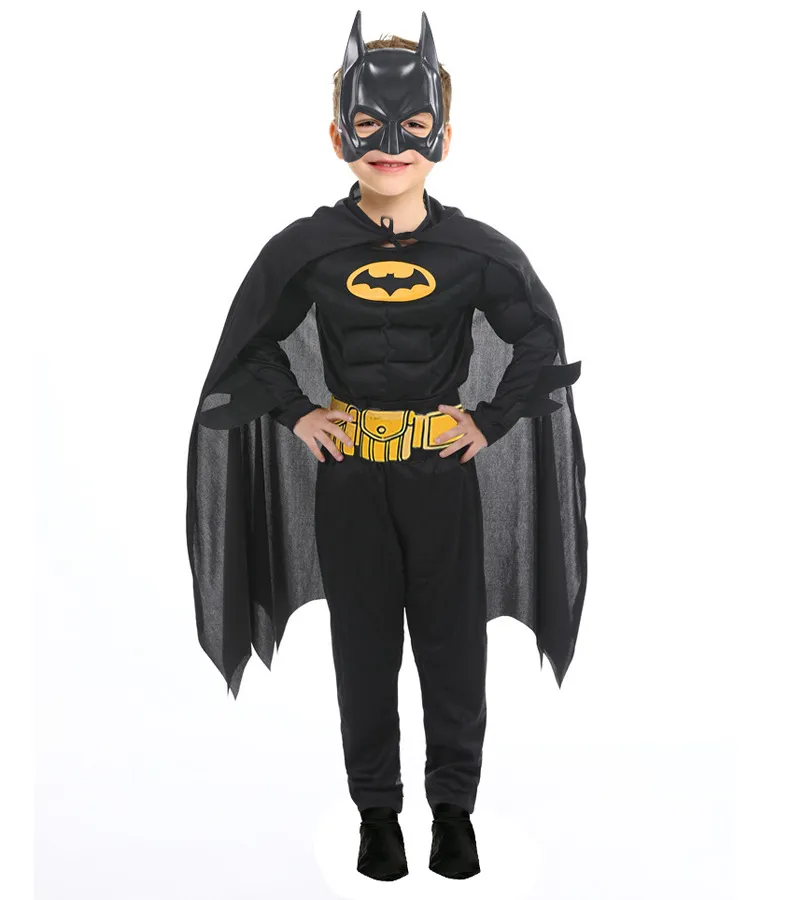 Batman Cosplay Suit Cadılar Bayramı Çocuk Kostümleri Cape Mask Cape Bodysuit Set Siyah Yarasa Oyunu Anime Tema Kostüm Süper Kahraman Yükseklik için uygun 100cm-150cm