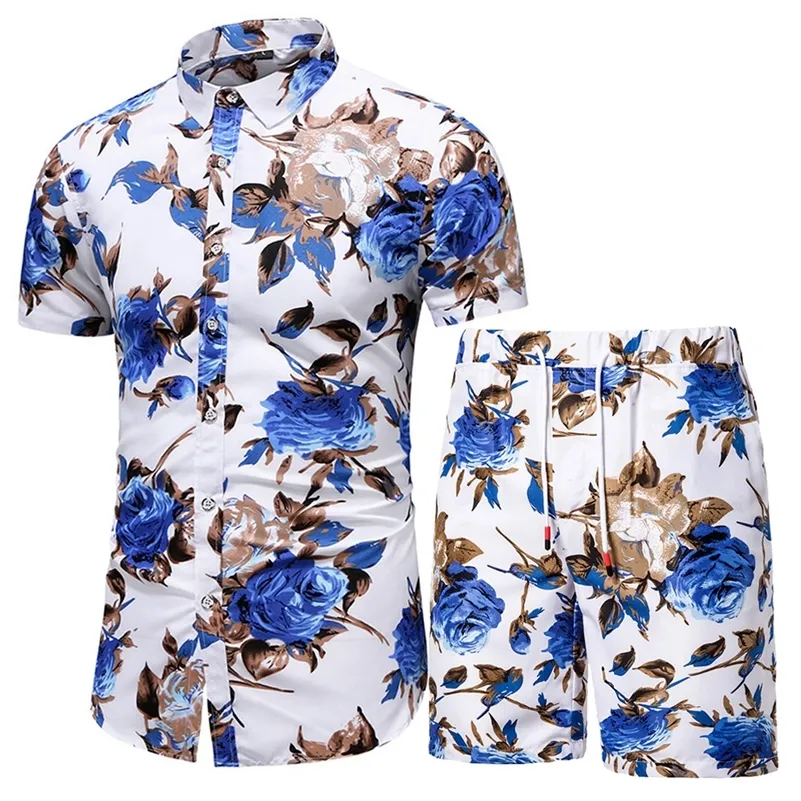 Men Clothing Set Two Piece Summer Beach Wear Floral Print Casual Shirt and Shorts Hawaiian Holiday Clothes 220719