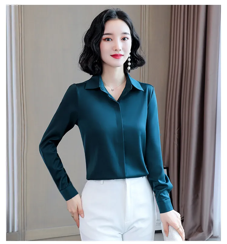 Женщины с длинным рукавом EA Blouses Корейский шелковый топ плюс размер женщина сатин белый элегантный базовый 3XL Blusa