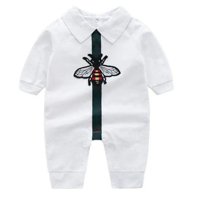 Nouveau-né bébé barboteuse petite abeille blanc bleu foncé coton infantile garçon fille combinaisons revers à manches longues bambin vêtements de créateurs