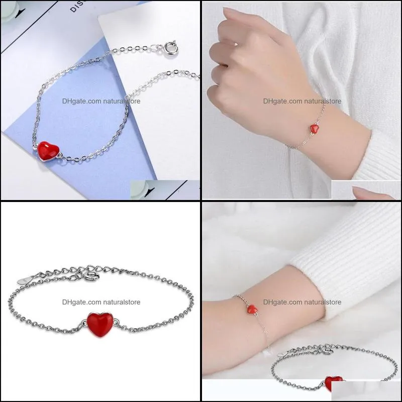 New Fashion Simple Sweet Love 925 Sterling Silver Jewelry Personality Cute Heart Shaped Red Epoxy Bracelets SB238