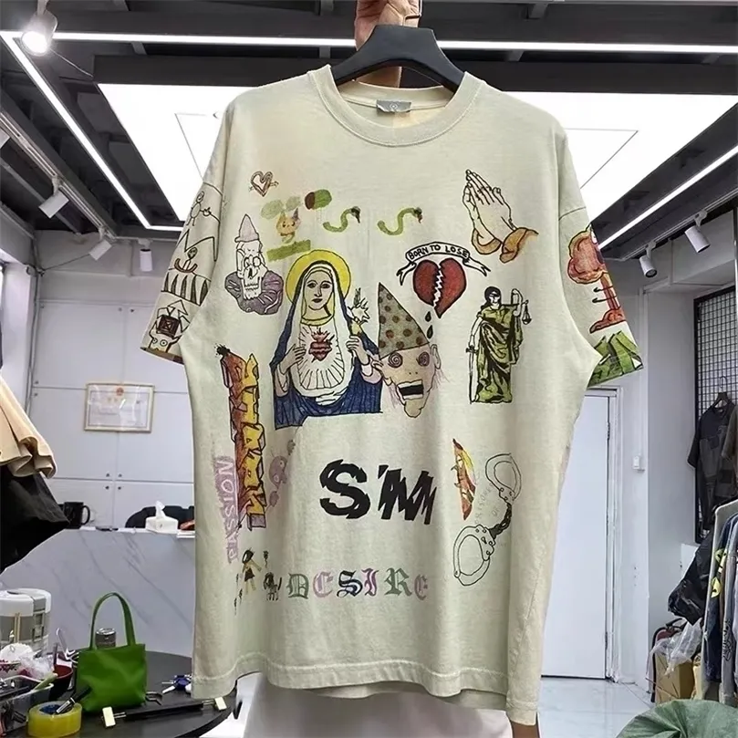 ヒップホップ、ハンドペイント、ハイストリート、ポロネック、ビンテージ、ショートスリーフTシャツ220509