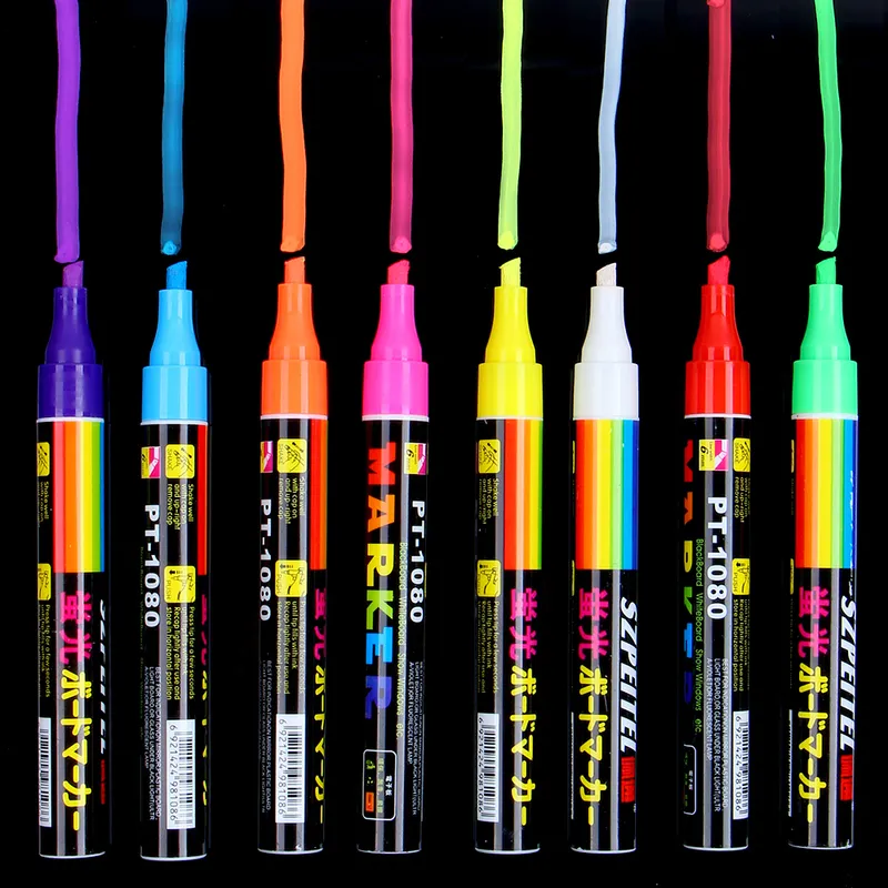 8 Colosbox silinebilir eğik vurgulayıcı kalem seti 6mm sıvı tebeşir floresan neon 3D işaretleyici LED pencere cam tahtası için 201116