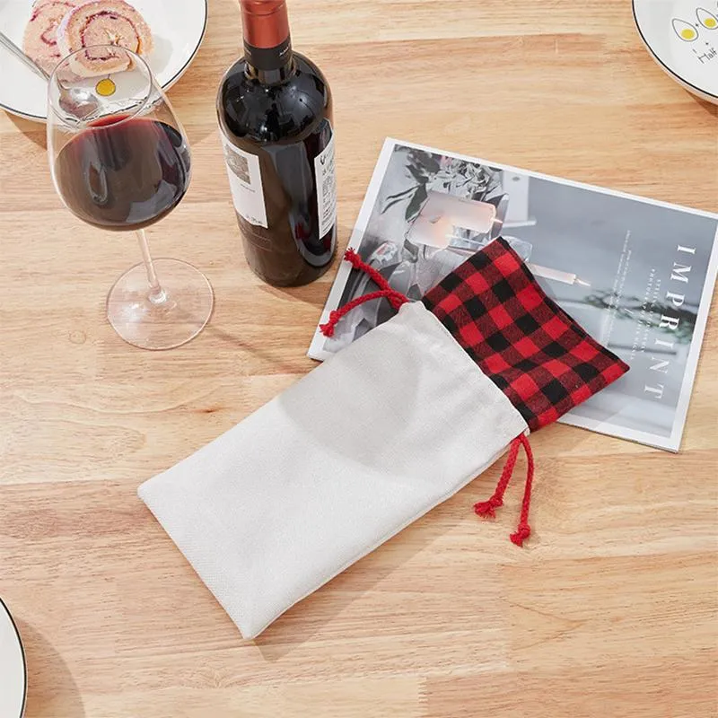 Sublimation Christmas Wine Bag Printed  Plaid Line Wines Bags Cotton Linen Drawstring Packets Customized Christmas Day Decoration