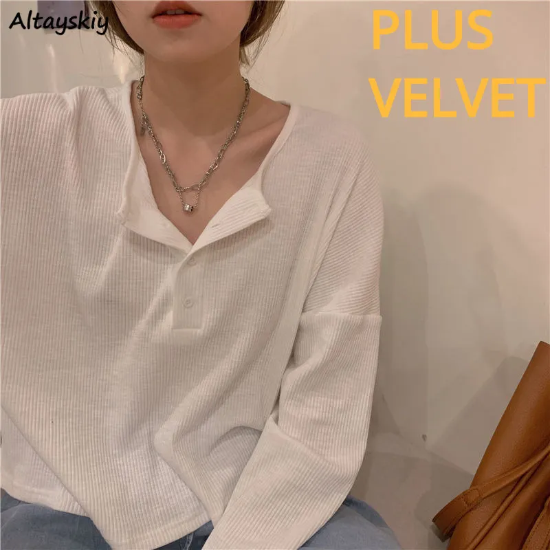 Effen T-shirts Dames Knop Eenvoudig Koreaanse stijl Elegant Trendy Plus Fluweel Lente Herfst Zacht Gezellig Vrouwelijke Top Chic