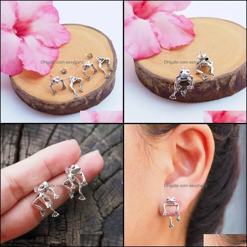 Fashion Silver Color Cute Frog Stud Earring For Men Women Retro Animal Dangler Ear Jewelry Gift
